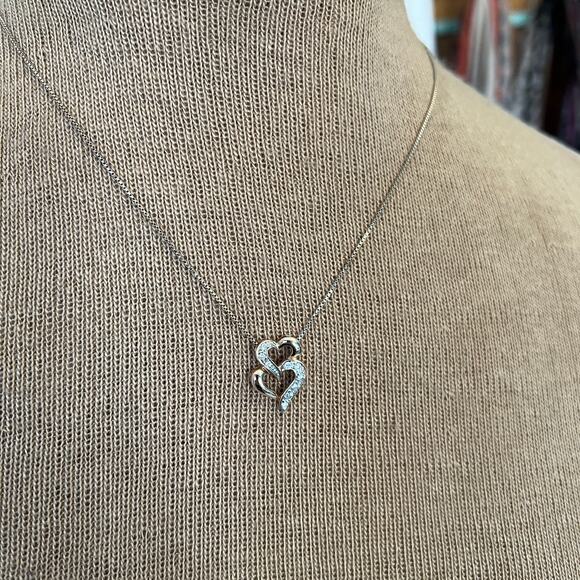 925 silver gold plate CZ rhinestones double link hearts necklace Valentine gift - Picture 3 of 8